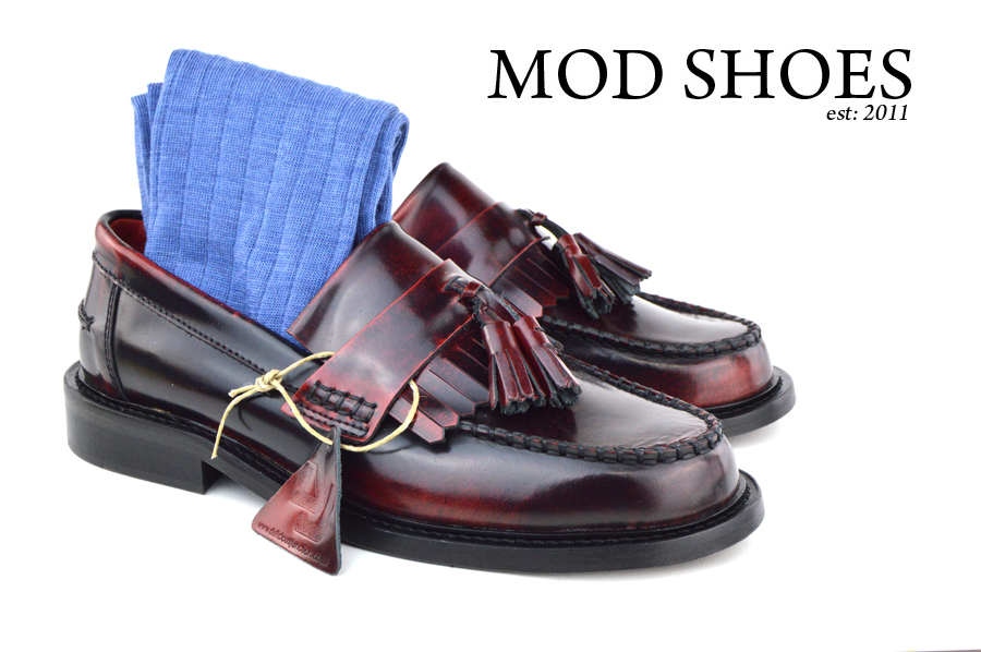 mod shoes Oxblood Tassel Loafers with blue socks