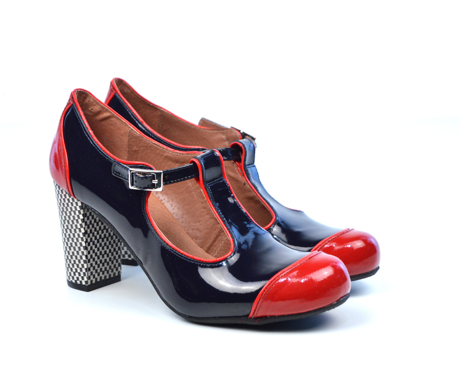 The Dusty In Midnight Blue & Red Patent Leather – Ladies Retro T-Bar ...