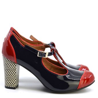 The Dusty In Midnight Blue & Red Patent Leather – Ladies Retro T-Bar Shoe by Modshoes Image