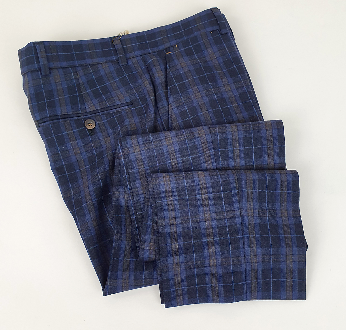 modshoes trousers check navy and faded brown tartan 01