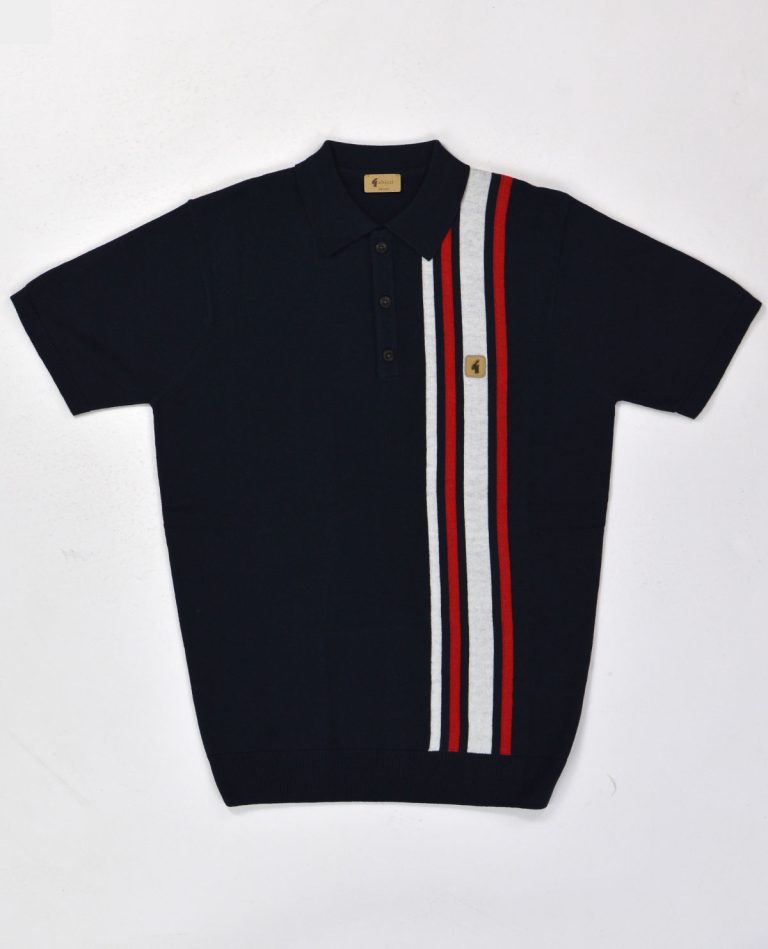 Gabicci Soda Navy – Mod Stripe – Short Sleeve Knitted Polo – Mod Shoes